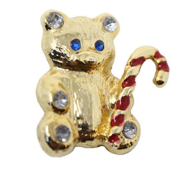 Vintage Christmas Holiday Teddy Bear Pin Brooch Gold w Red Enamel 1.5" - Hey Viv - Picture 2 of 7